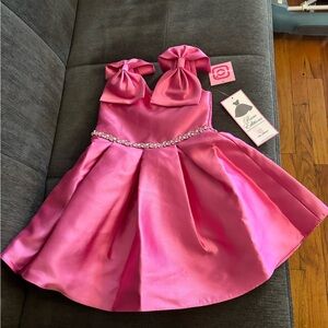 Rare Editions Hot Pink Satin Bow-Shoulder Party Dress with Jewel Waistband